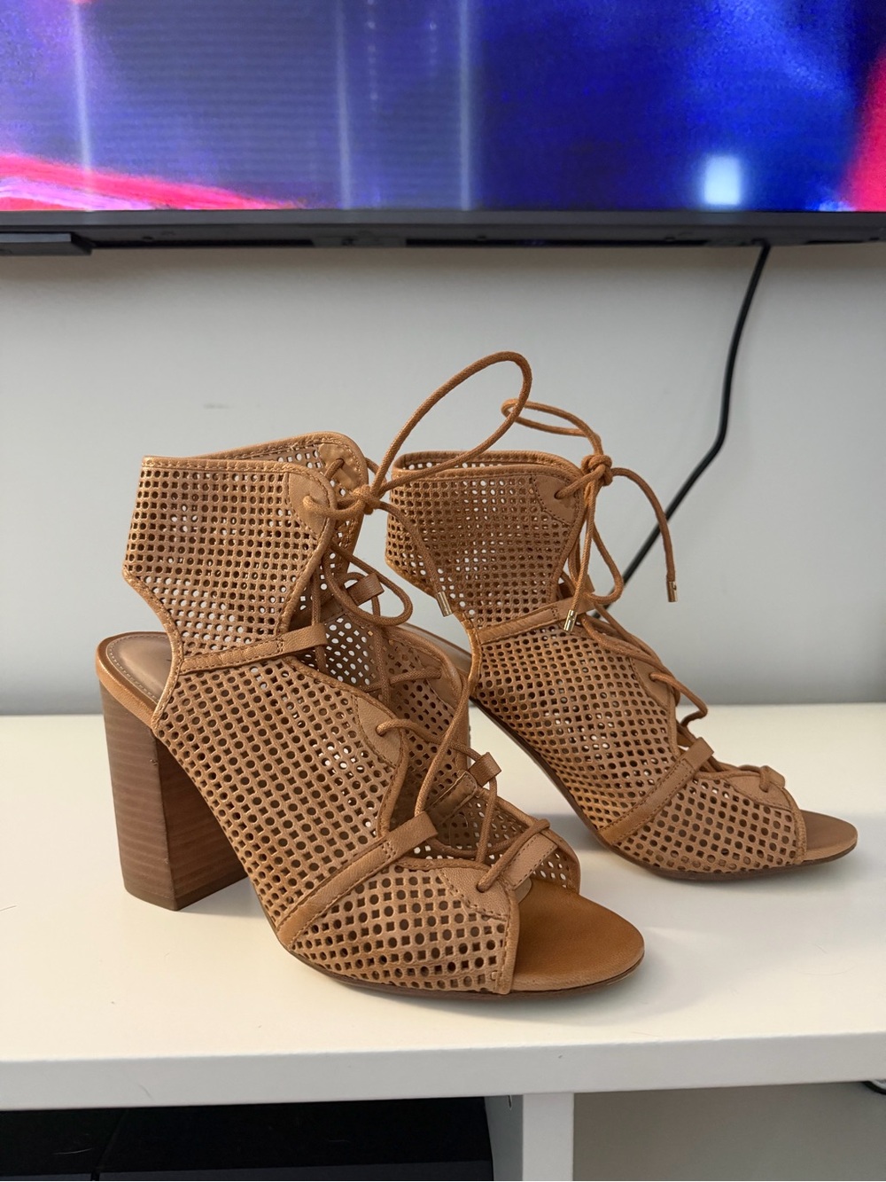 Aldo Perforated Lace-Up Block Heel Sandals - Brown